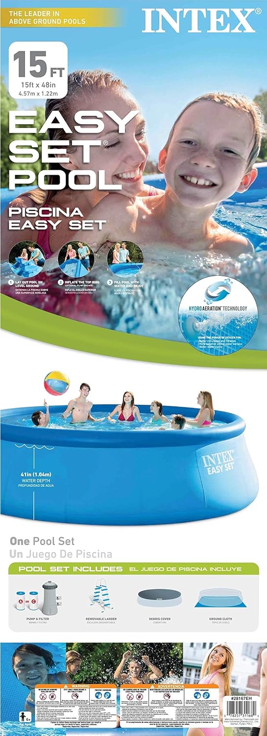INTEX Easy Set 15 ft x 48in Above Ground Pool Set, Round Inflatable Swimming Pool with 1000 GPH Cartridge Filter Pump, Ladder, Cover, & Ground Cloth
