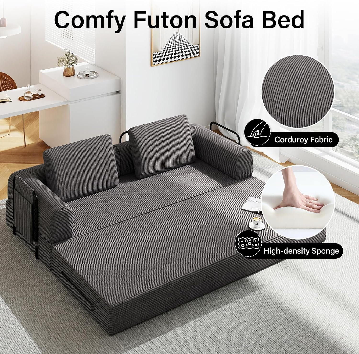 78'' Sleeper Couch Bed for Living Room, Convertible Modular Sofa with Fixed Frame and Side Pocket, Corduroy Futon Boneless Couches in a Box, No Assembly, Gray