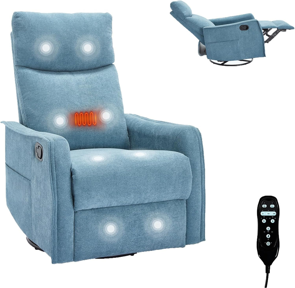 Massage Chair Recliner with Heat, 360° Swivel Glider Rocker with Reclining Backrest and Footrest, Manual Lazy Boy Recliners for Adults, Modern Nursery Rocking Chairs (Blue)