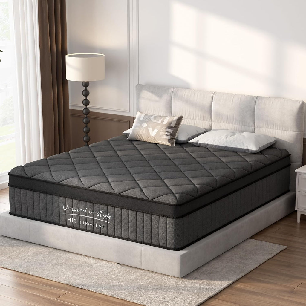 Mattress King Size 10 Inch, Mattress with Gel Memory Foam and Pocket Springs, Euro Top Medium Firm, Black