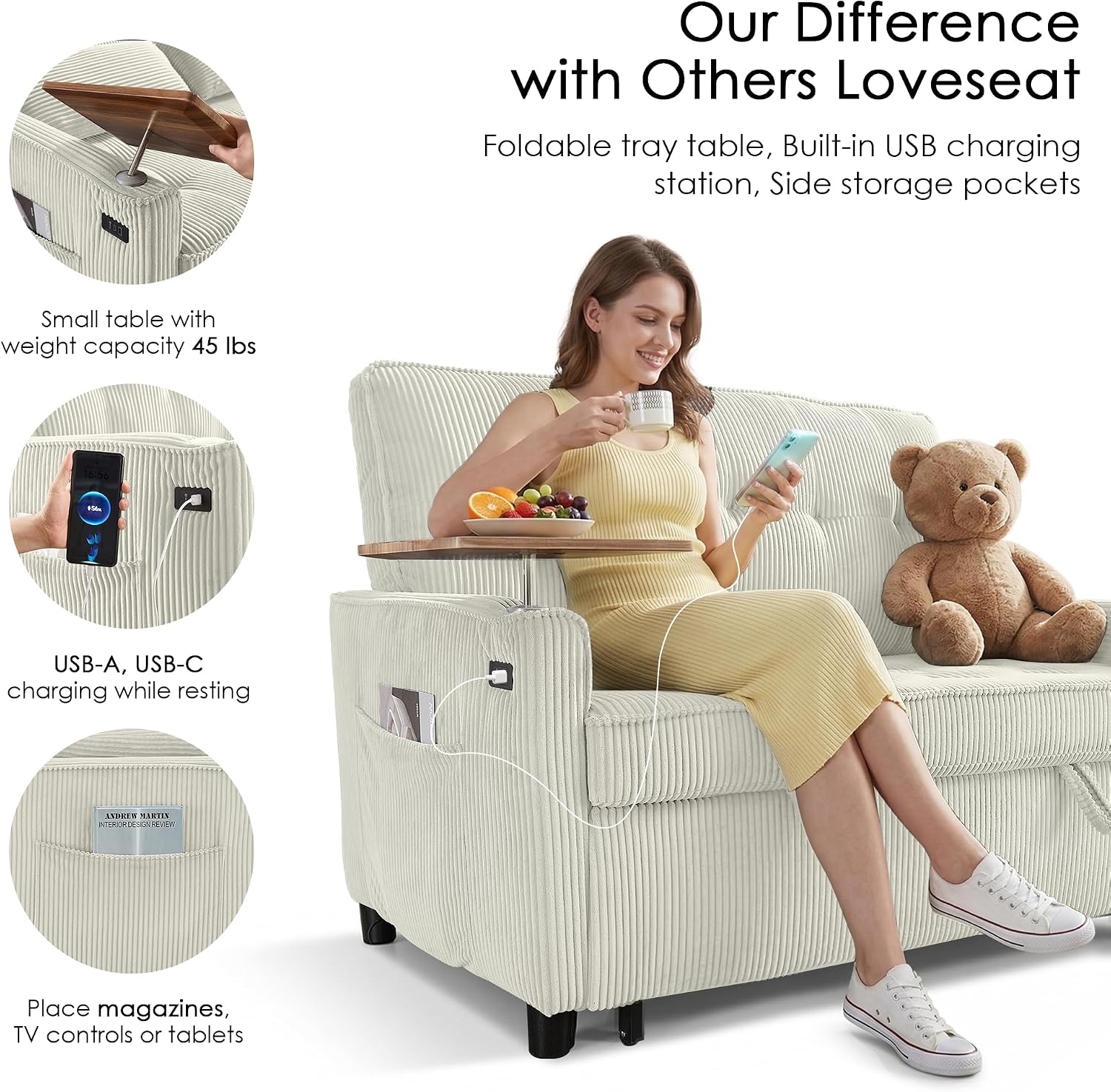 Sleeper Sofa Bed, 54'' Convertible Pull Out Couch with Small Table| USB Port | Stand Table | Corduroy Fabric | Adjustable Backrest for Apartment, Office, Bedroom, Guest Room (Beige)