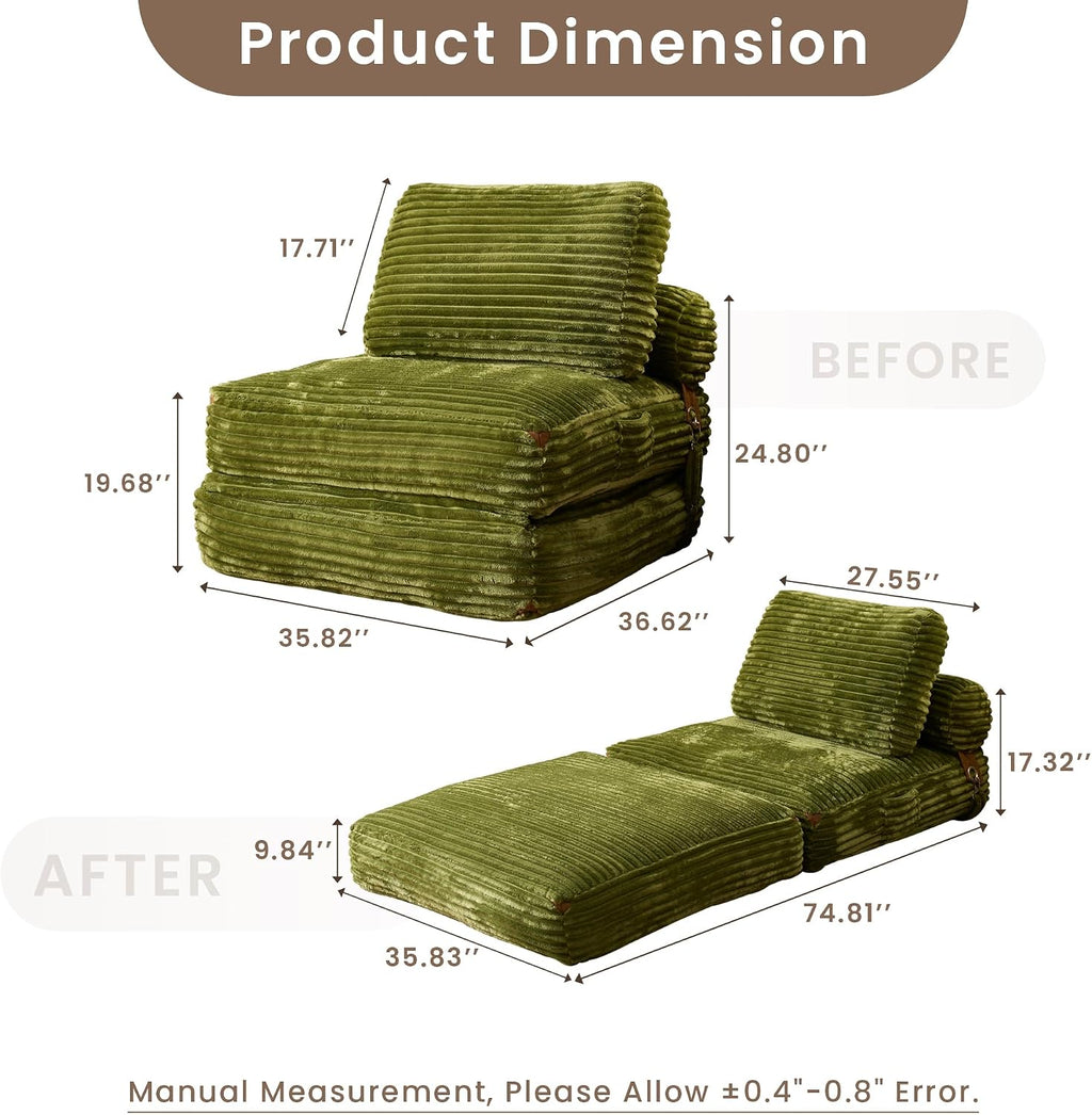 ovios Folding Sofa Bed, Foldable Sleeper Chair Floor Futon, Comfy Portable Convertible Fold Out Lounge Chairs for Living Room Bedroom, Green