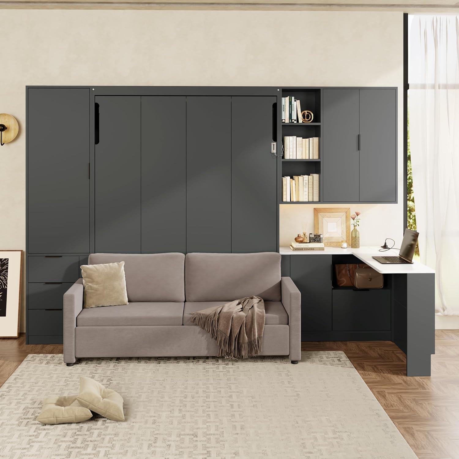 Merax Queen Size Wood Murphy Bed with Upholstered Sofa & Desk, Multifunctional Foldable Wall Platform Bed w/USB Charging Station for Guest-Room, Bedroom, Space Saving, Gray +Beige