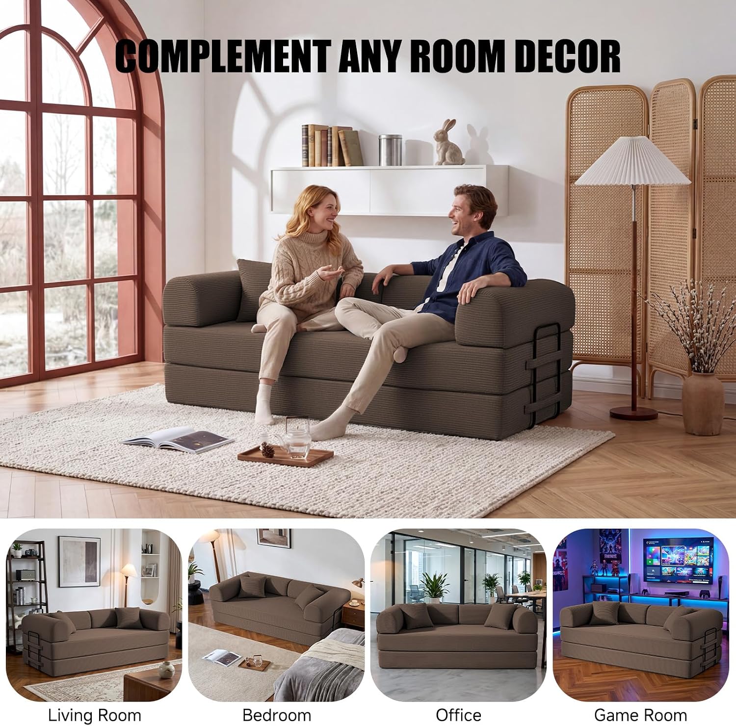 79' Compressed Sofa, Convertible Sofa Bed, Corduroy Compression Boneless Couch with Pillow, Comfy Modular Foldable Floor Sleeper Sofa for Bedroom, Living Room, Lounge, Studio (Brown)