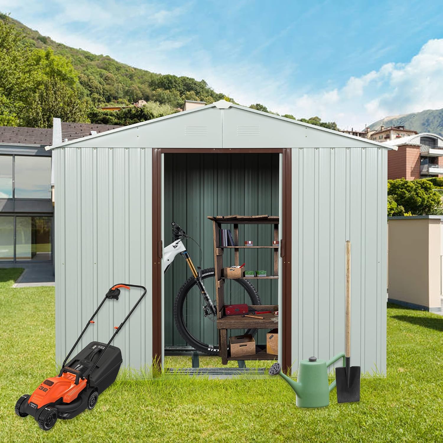 6 x 5 FT Outdoor Storage Shed, Metal Garden Shed with Floor Frame, Tool Shed Outdoor Storage with Lockable Sliding Doors & Air Vents, Storage House Waterproof for Backyard, Lawn, White