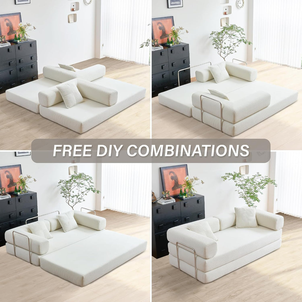 YINIX Foldable Sofa Bed, 78'' Folding Floor Couch, Compressed Convertable Sleeper Sofa, Memory Foam Couch with Pillow Back Support Armrest, 4-in-1 Futon Sofa Bed for Living Room, White