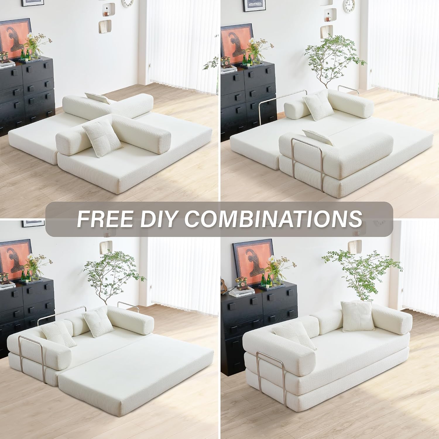 YINIX Foldable Sofa Bed, 78'' Folding Floor Couch, Compressed Convertable Sleeper Sofa, Memory Foam Couch with Pillow Back Support Armrest, 4-in-1 Futon Sofa Bed for Living Room, White