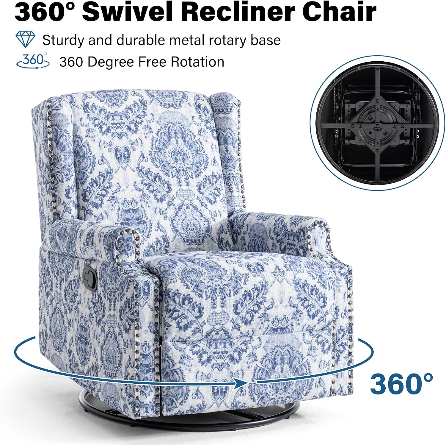 Lumibee Swivel Rocker Recliner Chair, Set of 2 Printed Fabric Swivel Glider Rocking Chair with High Back, Upholstered Deep Seat Wingback Recliner Chair for Living Room Bedroom, Navy