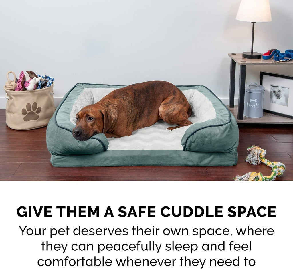 Furhaven Orthopedic Dog Bed for Large Dogs w/ Removable Bolsters & Washable Cover, For Dogs Up to 125 lbs - Plush & Velvet Waves Perfect Comfort Sofa - Celadon Green, Jumbo Plus/XXL