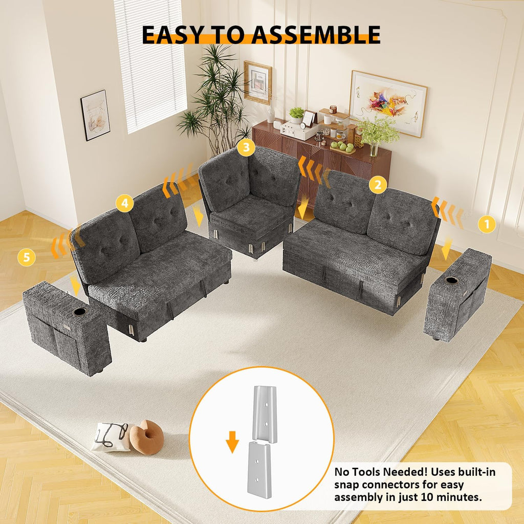Modular Sectional Sleeper Sofa Bed, 4-in-1 Pull Out Couch Bed with Adjustable Backrest | Hidden Storage | Wide Armrest | Charging, 5-Seat Sectional Couches for Living Room, Grey Chenille