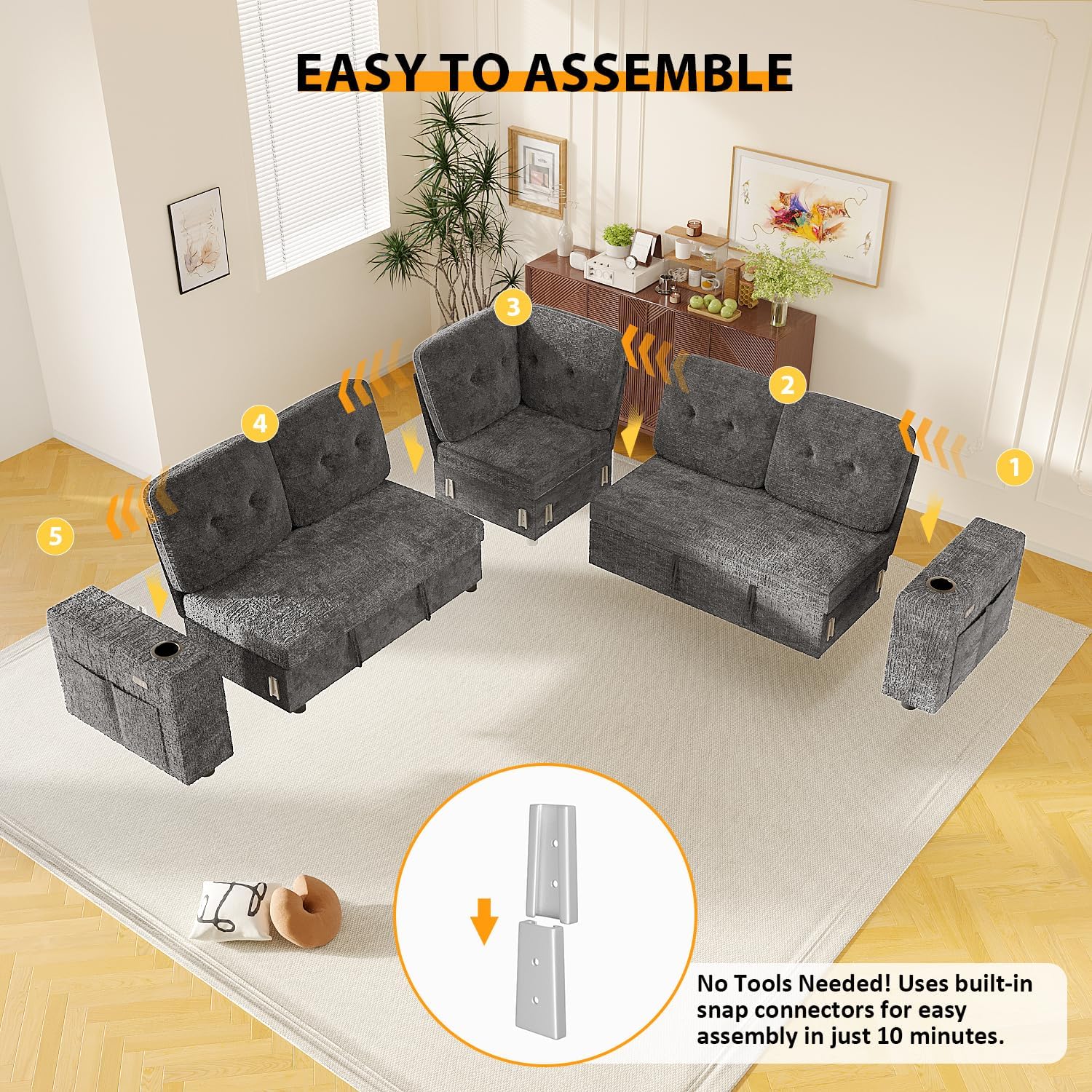 Modular Sectional Sleeper Sofa Bed, 4-in-1 Pull Out Couch Bed with Adjustable Backrest | Hidden Storage | Wide Armrest | Charging, 5-Seat Sectional Couches for Living Room, Grey Chenille