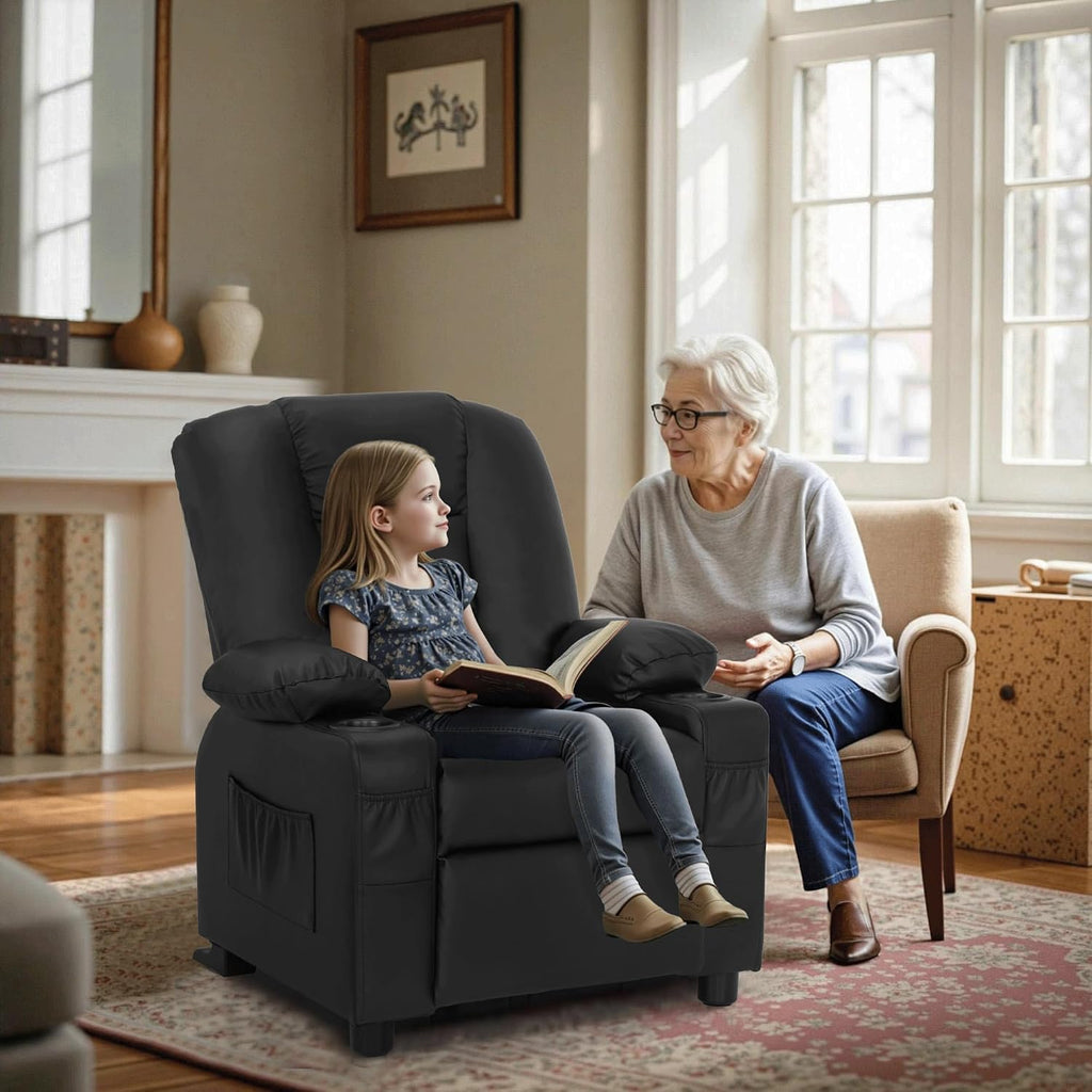 MCombo Big Kids Recliner for Ages 3+, Child Reclining Chair, Toddlers Recliner Sofa with Cup Holders, Faux Leather, 7322(Black)