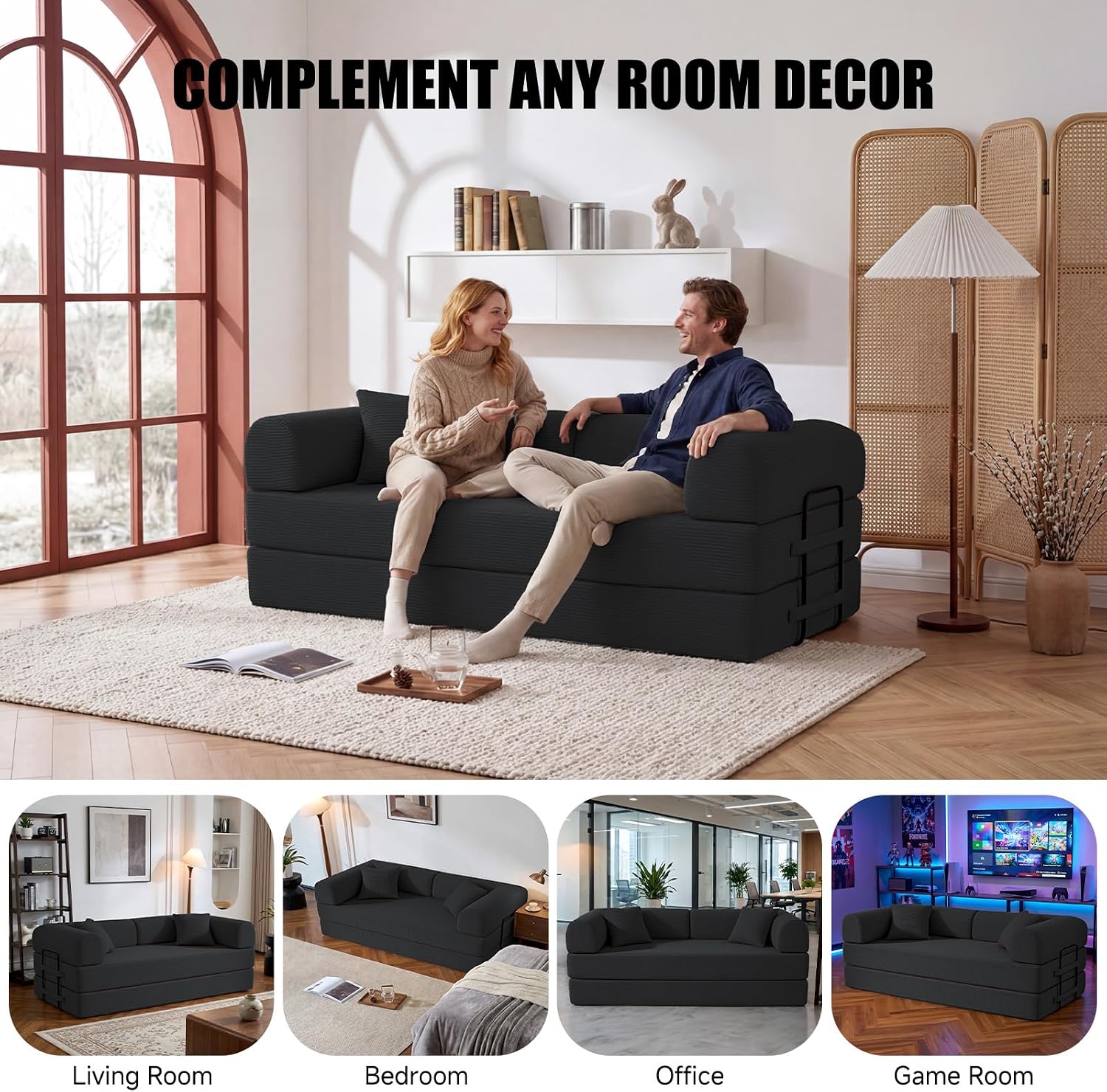 79' Compressed Sofa, Convertible Sofa Bed, Corduroy Compression Boneless Couch with Pillow, Comfy Modular Foldable Floor Sleeper Sofa for Bedroom, Living Room, Lounge, Studio (Black)