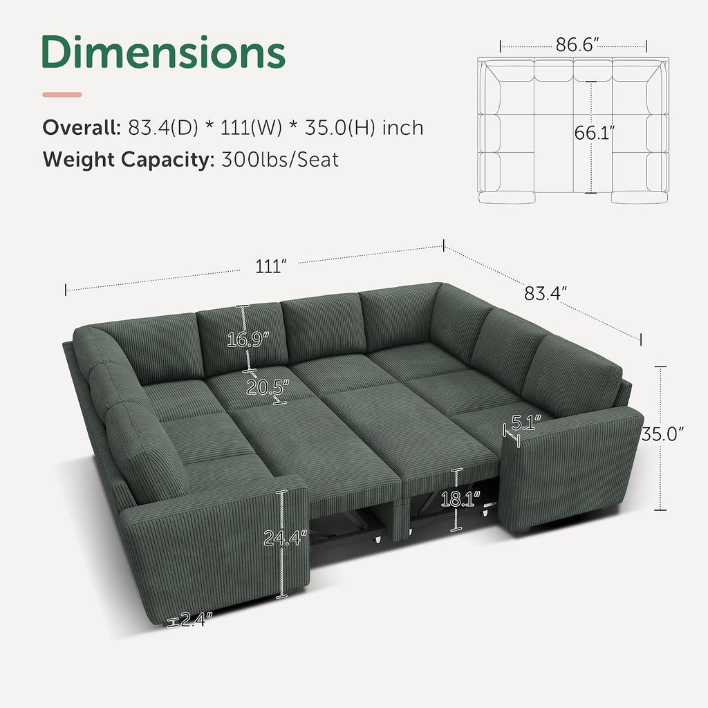 HONBAY Modular Sectional Pull Out Couch Bed, Corduroy Sleeper Sofa with Storage Seats, Oversized U Shaped Sectional Couches for Living Room, Green