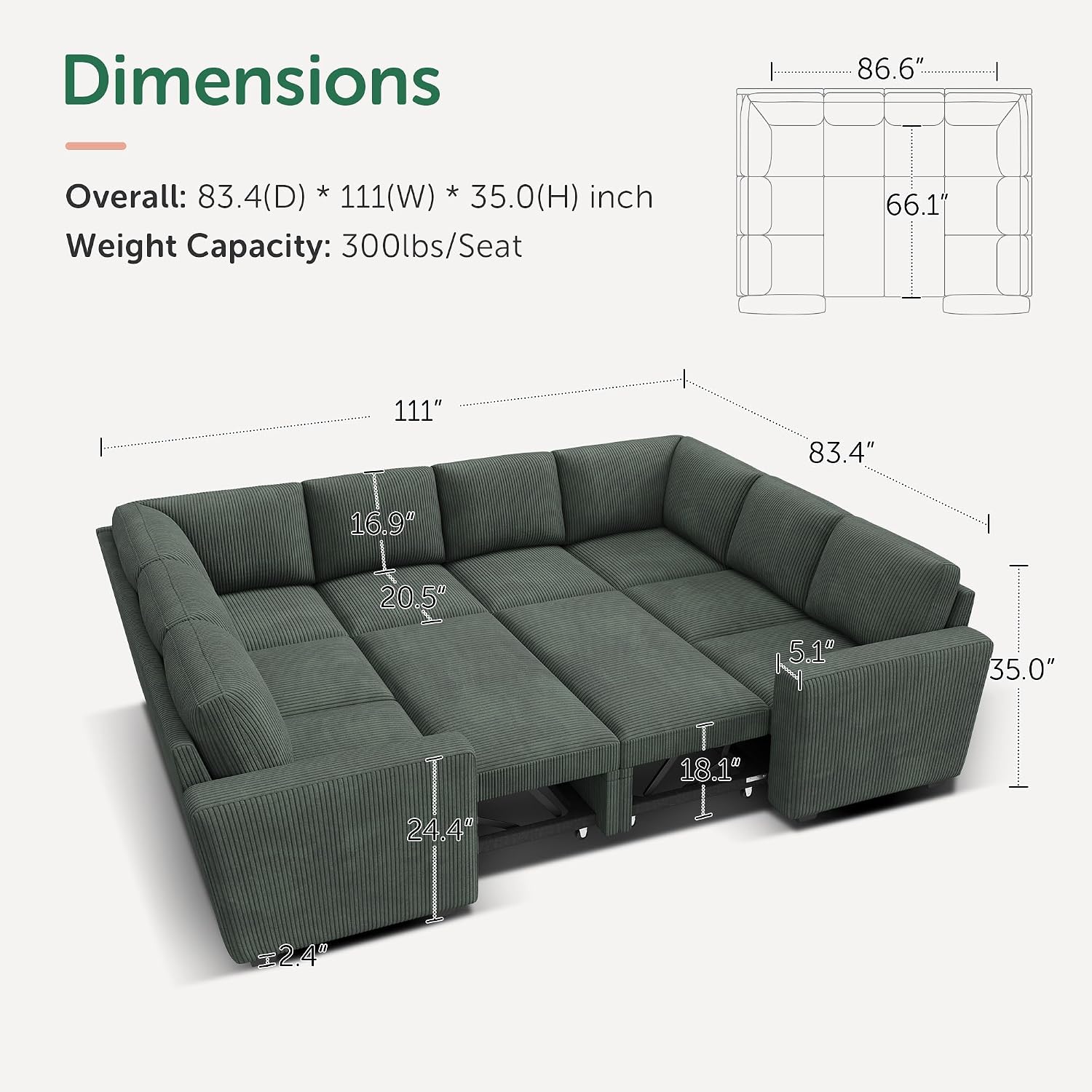 HONBAY Modular Sectional Pull Out Couch Bed, Corduroy Sleeper Sofa with Storage Seats, Oversized U Shaped Sectional Couches for Living Room, Green