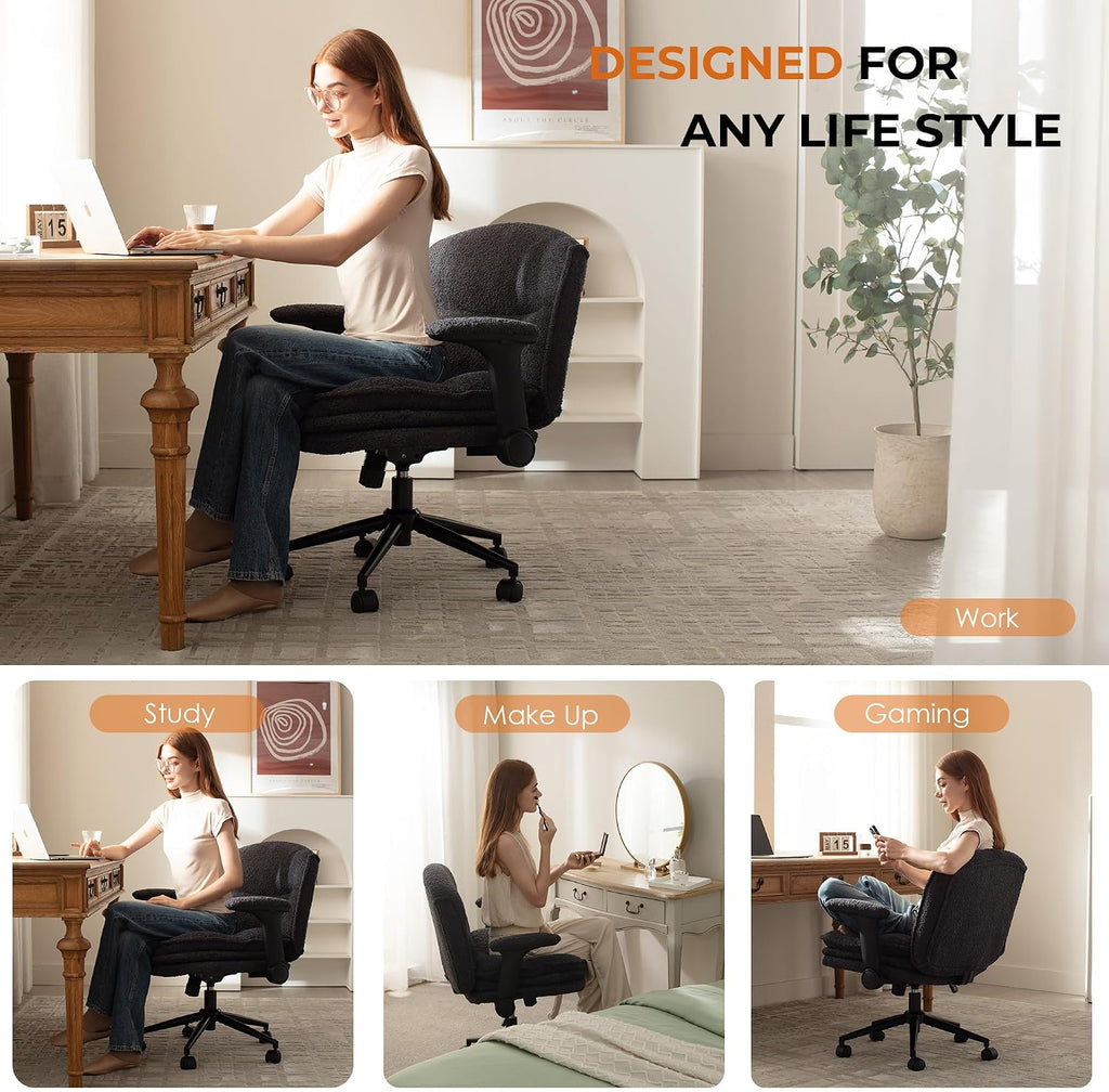 Dowinx Criss Cross Chair with Adjustable Flip-up Arms and Wheels, Comfort Ergonomic Office Desk Armchair with 3 Layer Cushions, Wide Seat Vanity Chair for Home Office, Living Room, Bedroom, Black