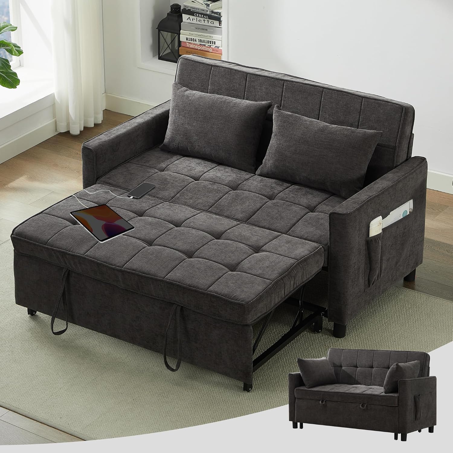 Tbfit 57' Convertible Sofa Bed, Chenille Futon Sleeper Sofa Couch with Pullout Bed, USB & Adjustable Backrest, Full Size Pull Out Loveseat Couches for Living Room, Apartment, Office, Dorm, Dark Grey