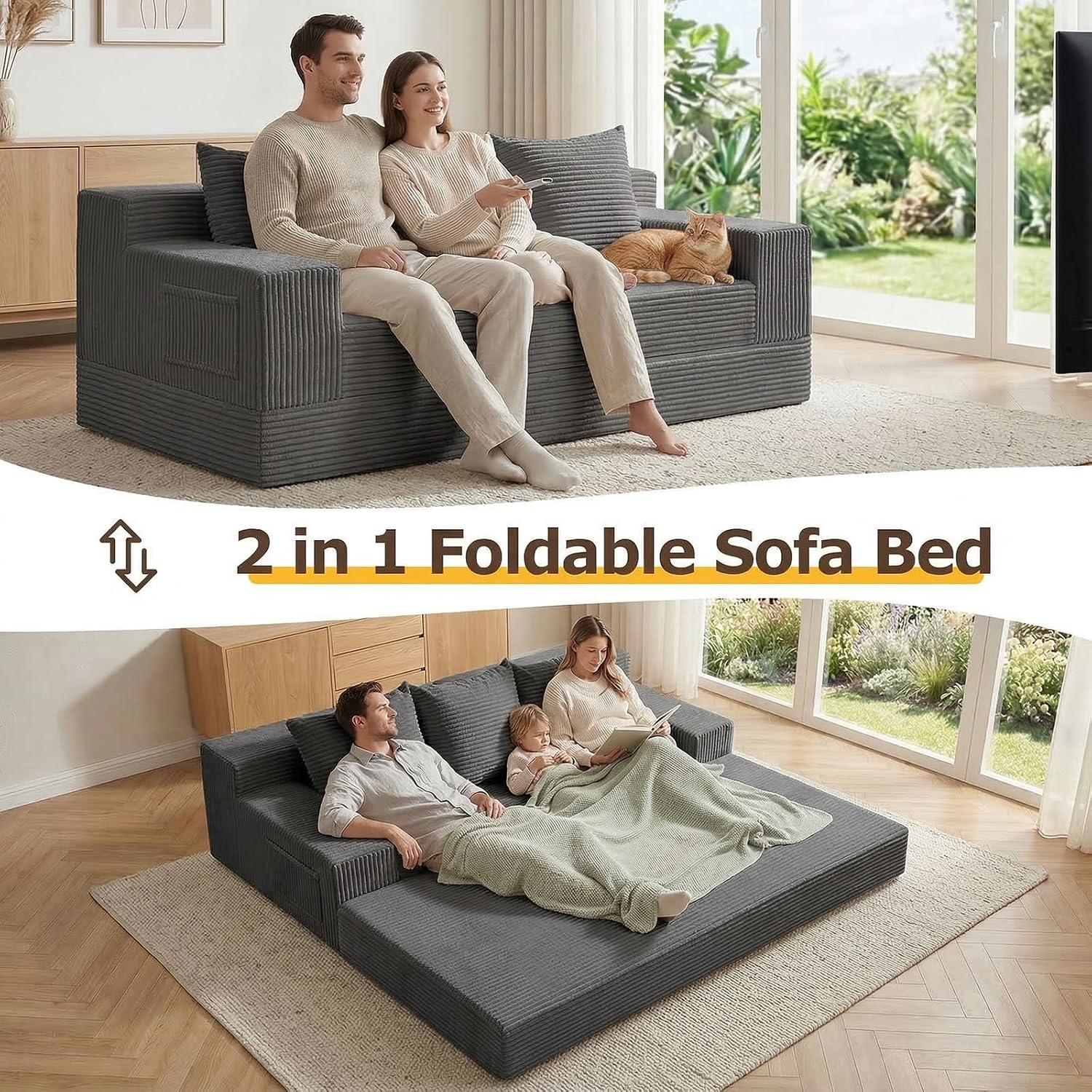 cidludto Convertible Sofa Bed, 78' Oversized Boneless Loveseat Couch 2 in 1 Foldable Futn Bed Couch in A Box, Folding Sleeper Sofa Chair for Living Room, No Assembly Required, Grey