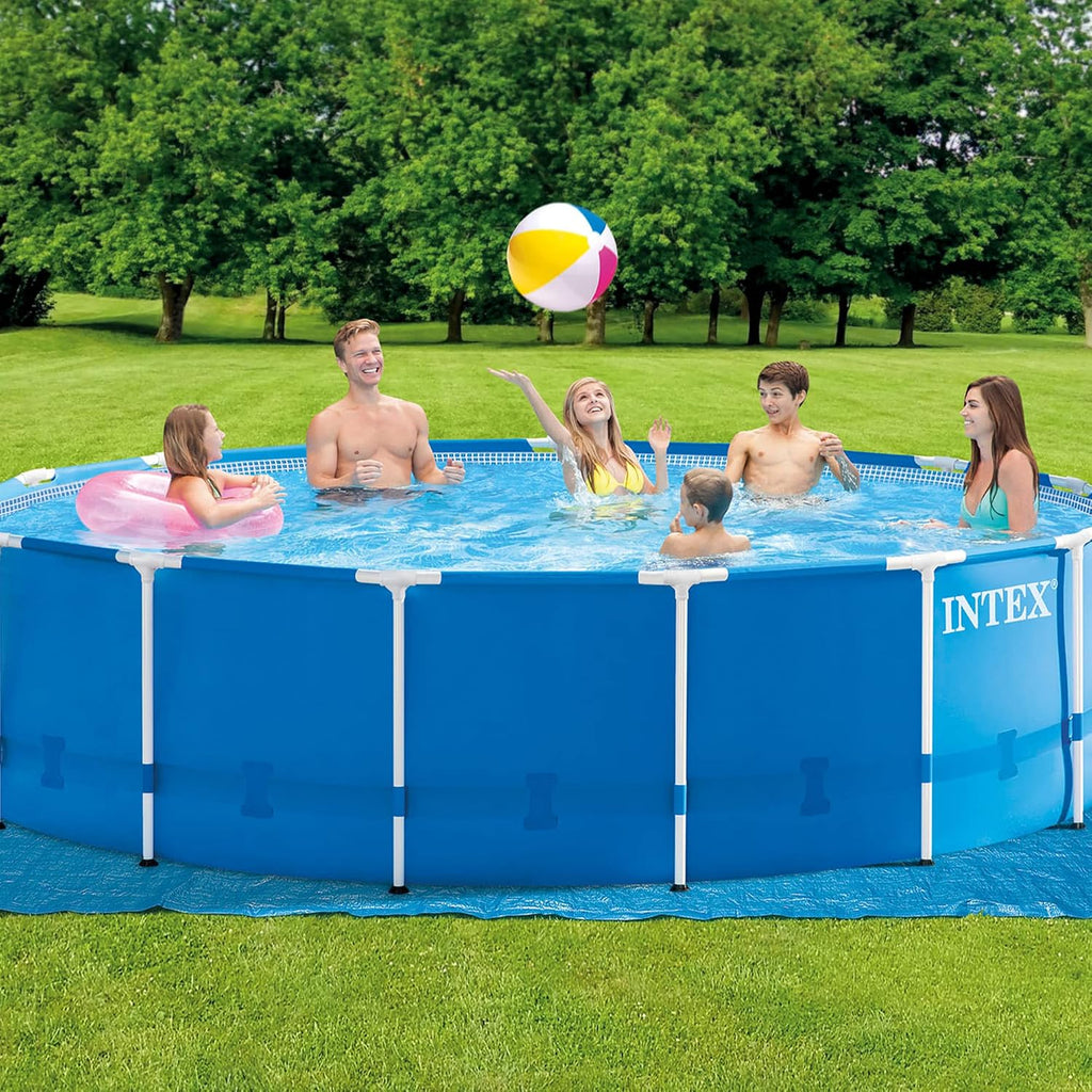 Intex Metal Frame 15' x 48' Round Above Ground Swimming Pool Set with Filter Pump, Ladder, and Cover with Maintenance Accessory Vacuum and Skimmer Kit