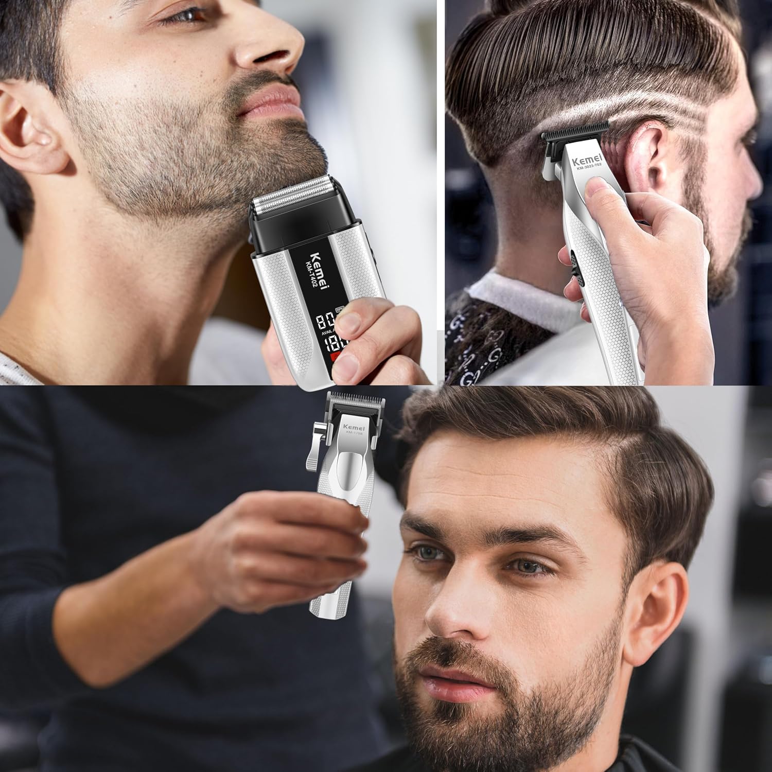 KEMEI Hair Clippers for Men with Full Metal Body, Rechargeable Barber Clippers and Trimmers Set with LED Display, Electric Foil Shavers with UV Cover, KM 3023-702, KM 1798, KM T402
