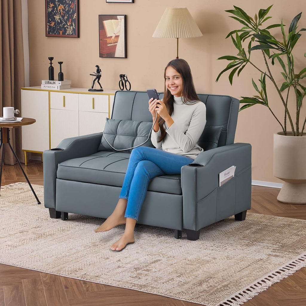 VINGLI Convertible Loveseat Sleeper Sofa, Blue Grey Faux Leather Futon Sofa Bed Pullout Couch Bed with USB Ports, Cup Holders, Armrest for Living Room, Bedroom, Home Office Apartment