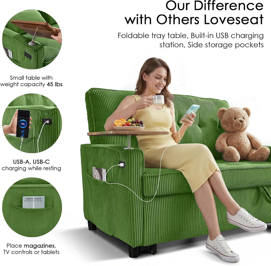 Sleeper Sofa Bed, 54'' Convertible Pull Out Couch with Small Table| USB Port | Stand Table| Corduroy Fabric | Adjustable Backrest for Apartment, Office, Bedroom, Guest Room(Green)