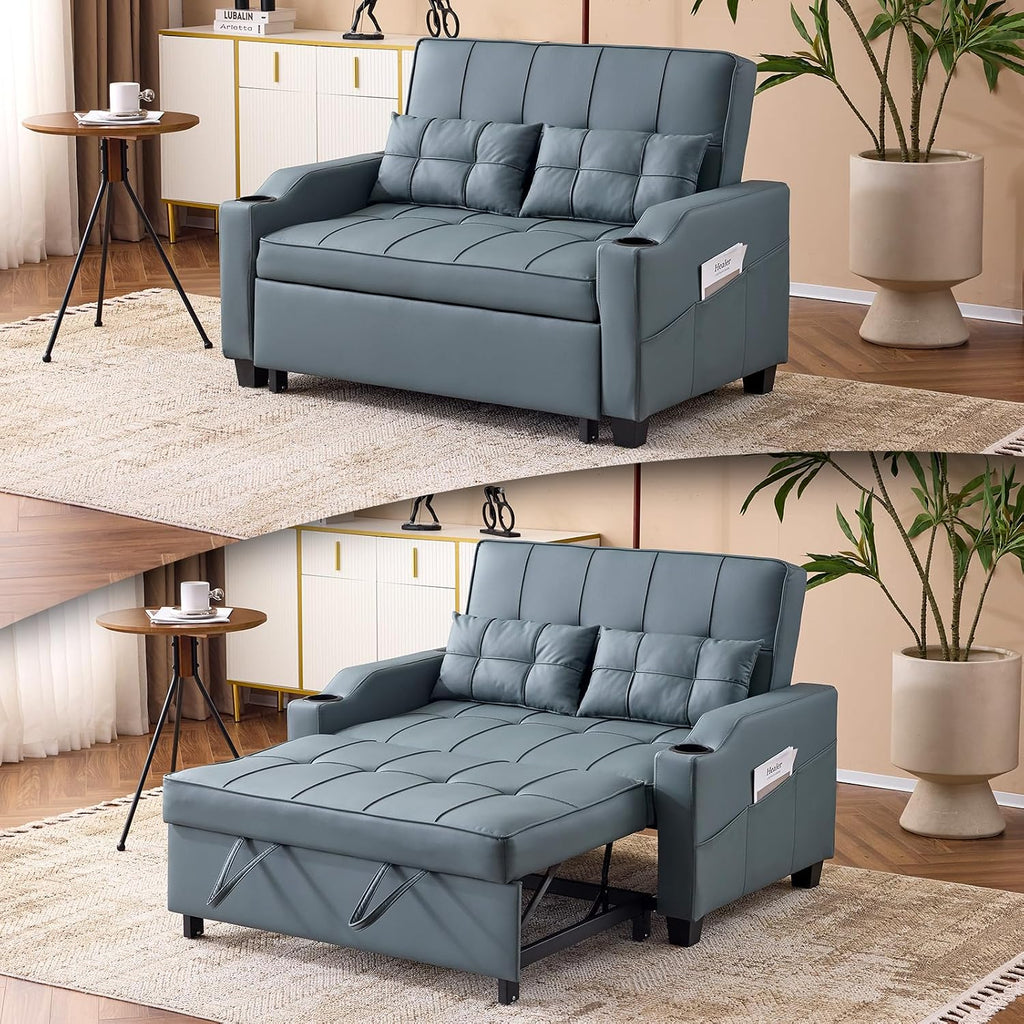 VINGLI Convertible Loveseat Sleeper Sofa, Blue Grey Faux Leather Futon Sofa Bed Pullout Couch Bed with USB Ports, Cup Holders, Armrest for Living Room, Bedroom, Home Office Apartment