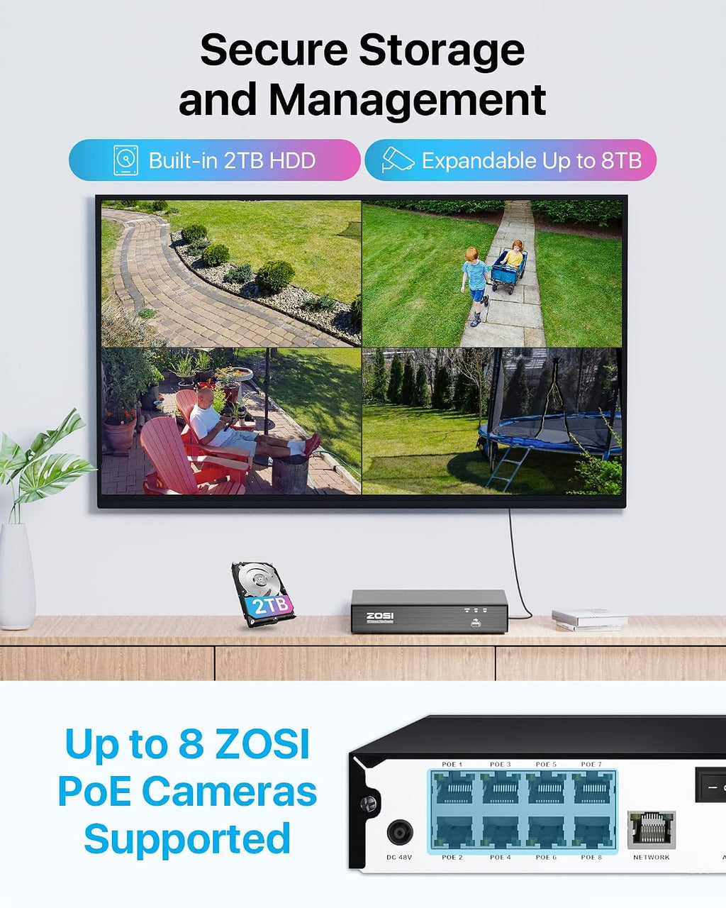 ZOSI 8CH (16CH Expandable) 4K PoE Security Camera System with AI Face Person Vehicle Detection, 6 Wired 5MP 3K Outdoor PT Bullet PoE IP Cameras, 2-Way Audio, 5X Digital Zoom, 2TB HDD, 24/7 Recording