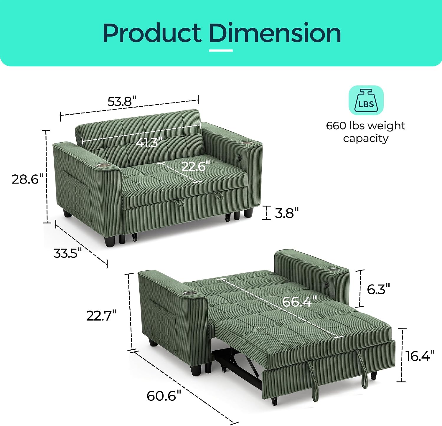 LINSY 3-in-1 Convertible Sofa Bed, 54' Pull Out Sleeper Sofa with Charging Station & Cup Holder, Small Corduroy Couch Folding Loveseat with Side Pocket for Small Space, Green