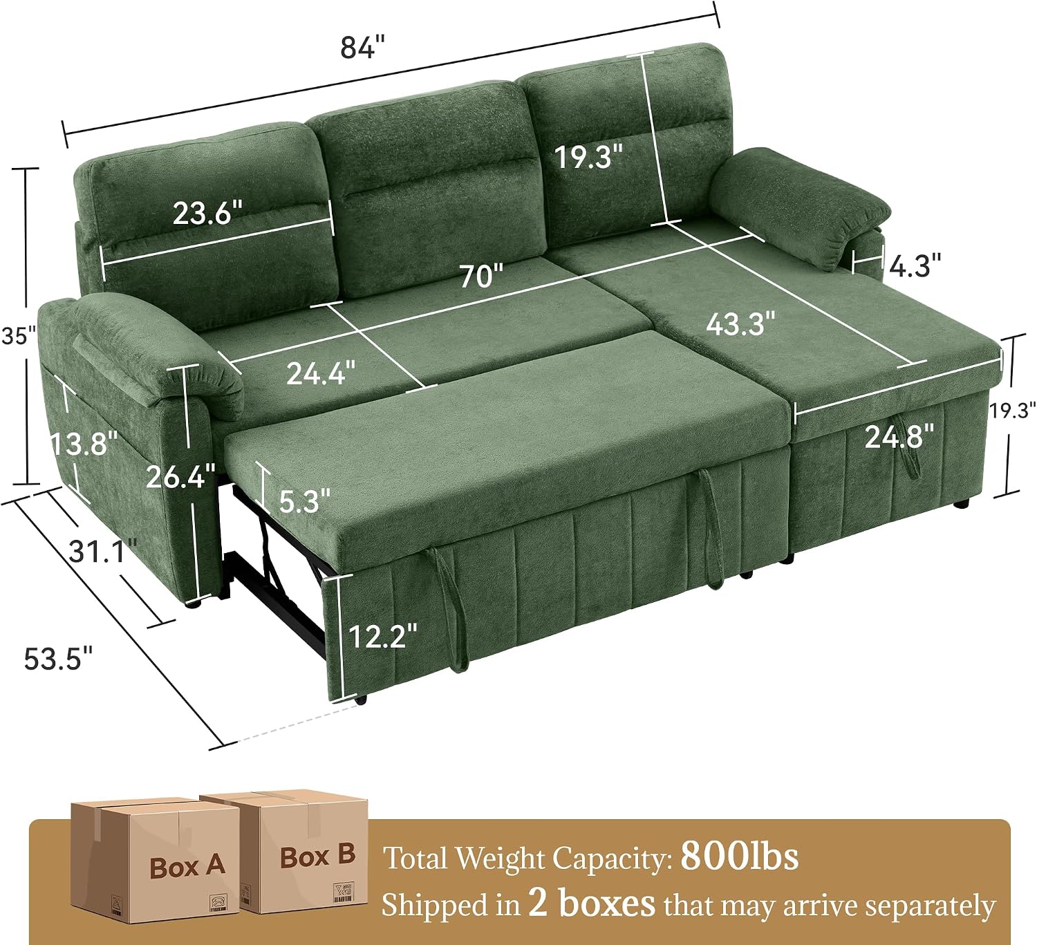 Tbfit 84'' Sleeper Sofa Bed, 3 in 1 Cloud Pull Out Sofa Couch with USB & Storage Chaise, Chenille Convertible Sofa Bed with Pull Out Bed, Couches for Living Room, Apartment, Office, Green