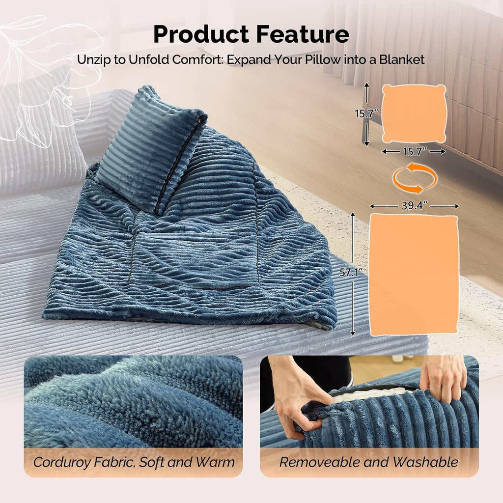 VINGLI Convertible Futon Sofa Bed, Upholstered Corduroy Boneless Couch King Size Floor Loveseat Sleeper Sofa with 2-in-1 Throw Pillow & Blanket Couches for Living Room, Bedroom, Lounge, Navy Blue