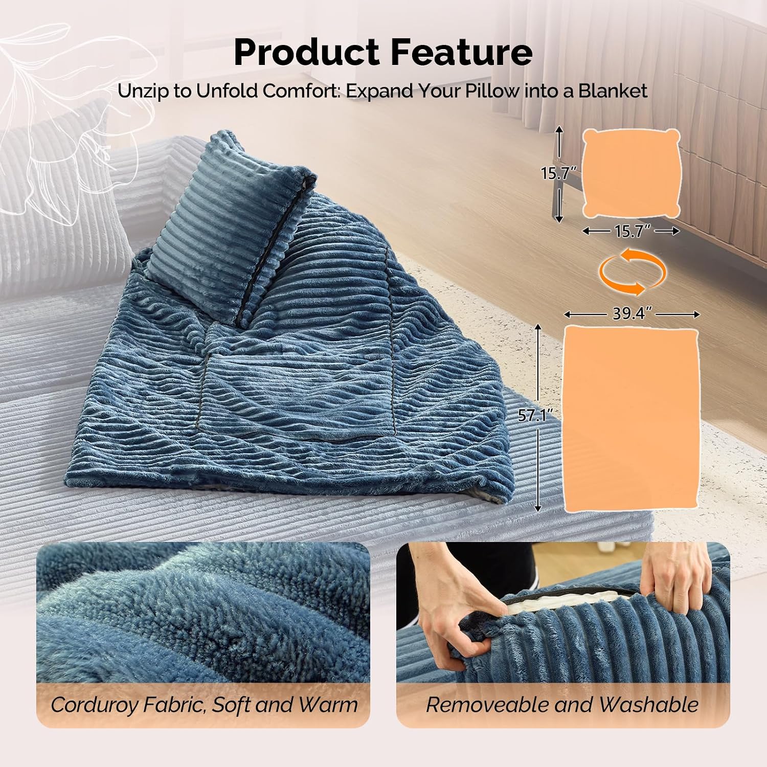 VINGLI Convertible Futon Sofa Bed, Upholstered Corduroy Boneless Couch King Size Floor Loveseat Sleeper Sofa with 2-in-1 Throw Pillow & Blanket Couches for Living Room, Bedroom, Lounge, Navy Blue