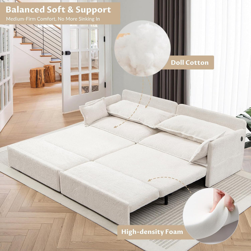 SUNWAVE 74' Pull Out Sofa Bed - Convertible Sleeper Sofa Bed, Corduroy Loveseat Pull Out Couch with USB Charging, Side Pockets for Living Room, Bedroom, Small Spaces (Cream, 74')