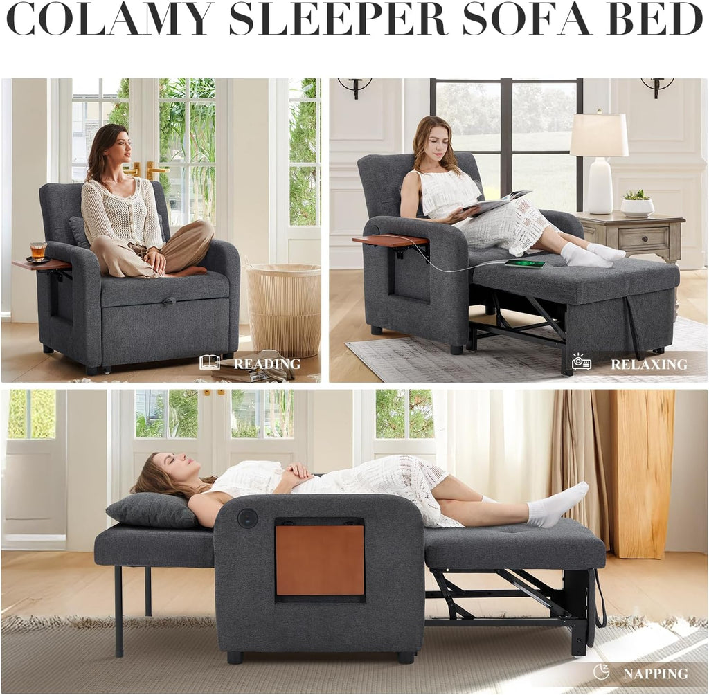 COLAMY Convertible Sleeper Chair-Fabric Futon Sofa Bed, Single Sleeper Sofa, Small Couch Bed with USB Port, Foldable Table, Pillow, Adjustable Backrest for Dorm/Bedroom/College Darkgrey