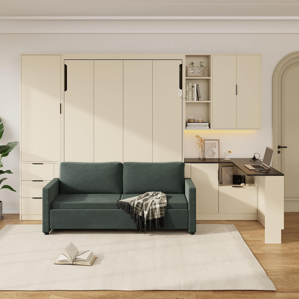 Merax Queen Size Wood Murphy Bed with Upholstered Sofa & Desk, Multifunctional Foldable Wall Platform Bed w/USB Charging Station for Guest-Room, Bedroom, Space Saving, Beige + Green