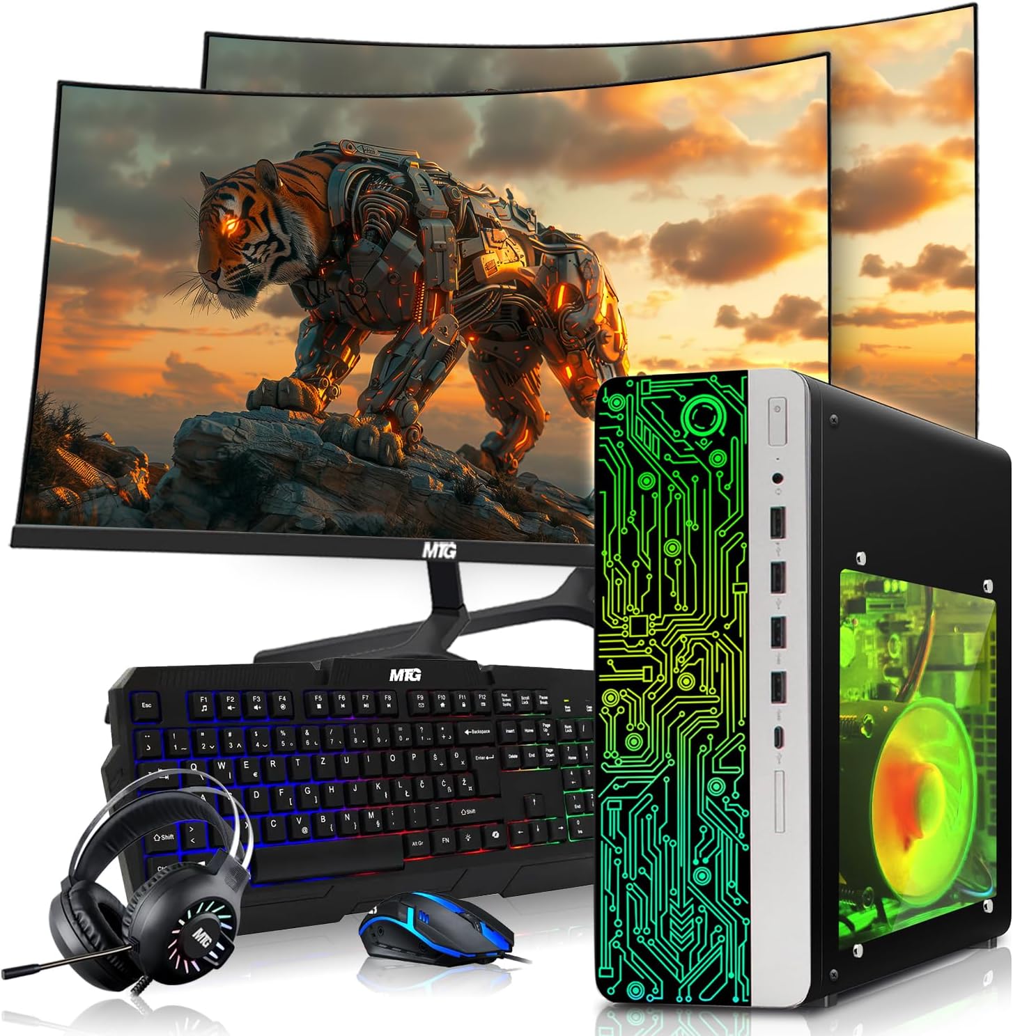 HP Gaming PC Desktop Computer – AMD Pro A10-9700,GT 1030 Graphics,8GB RAM,1TB SSD,Dual 27 Inch Curved Monitor,RGB Keyboard with AI Copilot,Mouse,WiFi,RGB Headphone,Windows 11(Renewed)