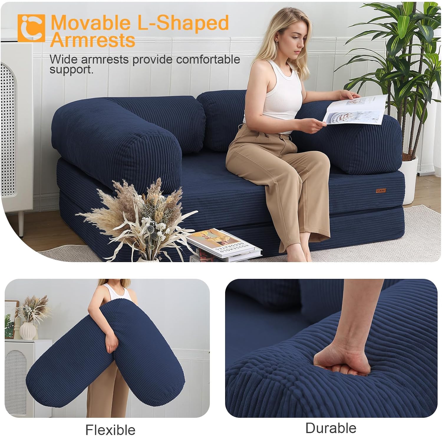 COMAX Convertible Folding Sofa Bed, Foldable Chair Bed Floor Futon Couch with Back Support, Comfy Corduroy Fold Out Mattress Sleeper for Living Room Bedroom