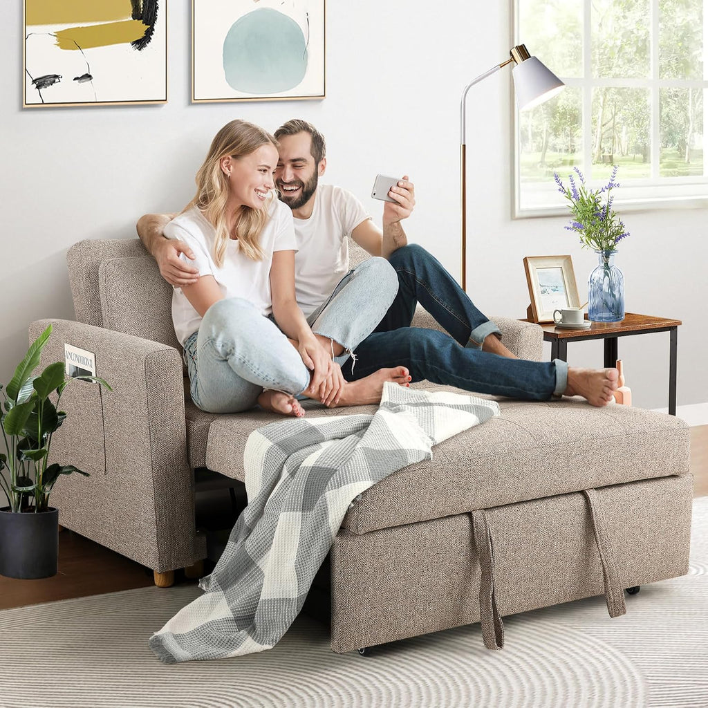 SEJOV 3-in-1 Convertible Sofa Bed, Linen Fabric Sleeper Couch Pull Out Bed, 49' 2-Seater Loveseat Futon Sofa with Spring Support, Adjustable Backrest and Pillows for Small Spaces, Living Room