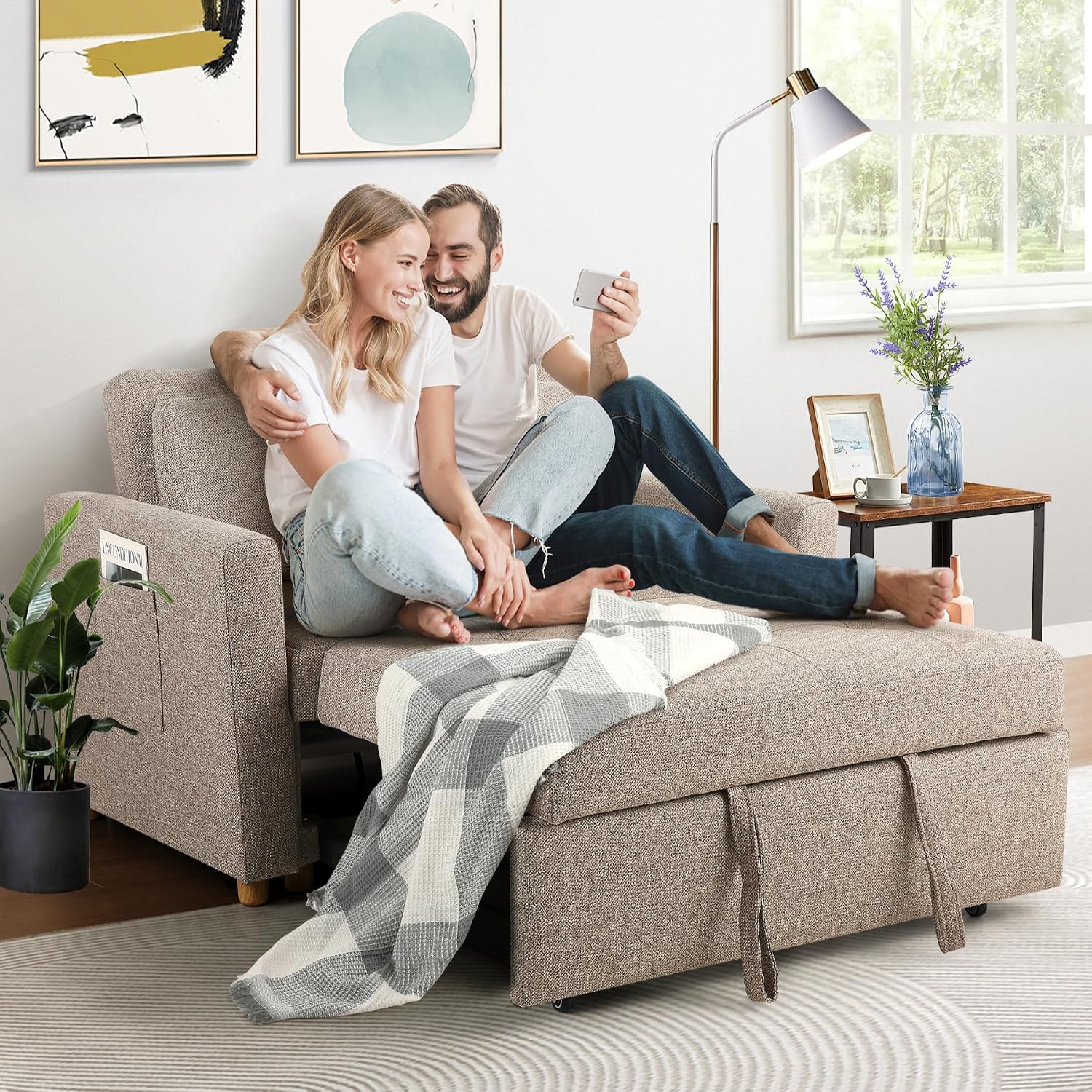 SEJOV 3-in-1 Convertible Sofa Bed, Linen Fabric Sleeper Couch Pull Out Bed, 49' 2-Seater Loveseat Futon Sofa with Spring Support, Adjustable Backrest and Pillows for Small Spaces, Living Room