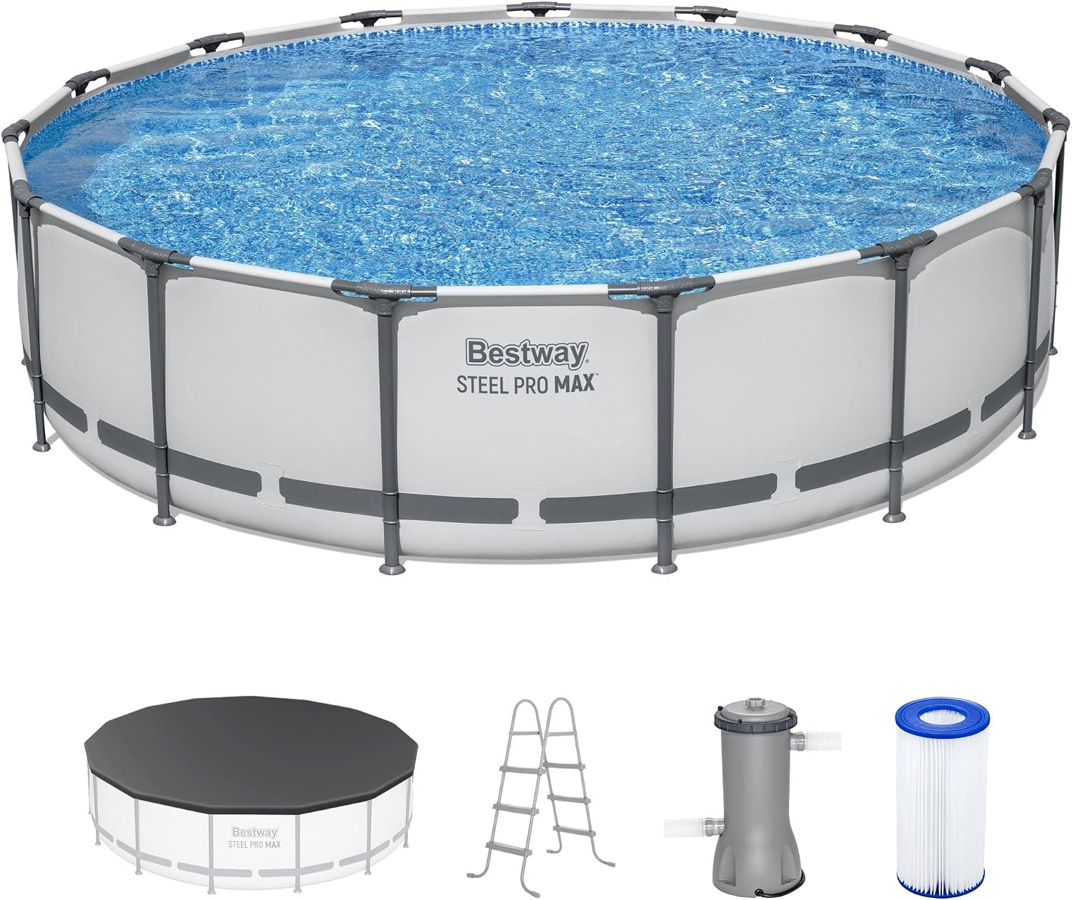 Bestway Steel Pro MAX 15' x 42' Above Ground Pool, Round Metal Frame Outdoor Swimming Pool Set with Filter Pump, Ladder, and Cover, Gray