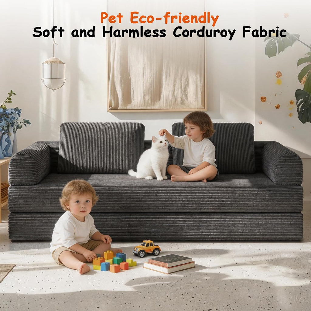 78' Convertible Sofa Bed, 5-in-1 Boneless Sleeper Sofa with with Fixed Frame & Pocket, Corduroy Pull Out Couch with 2 Pillows, Couch Bed for Living Room, Small Spaces, Bedroom, No Assembly