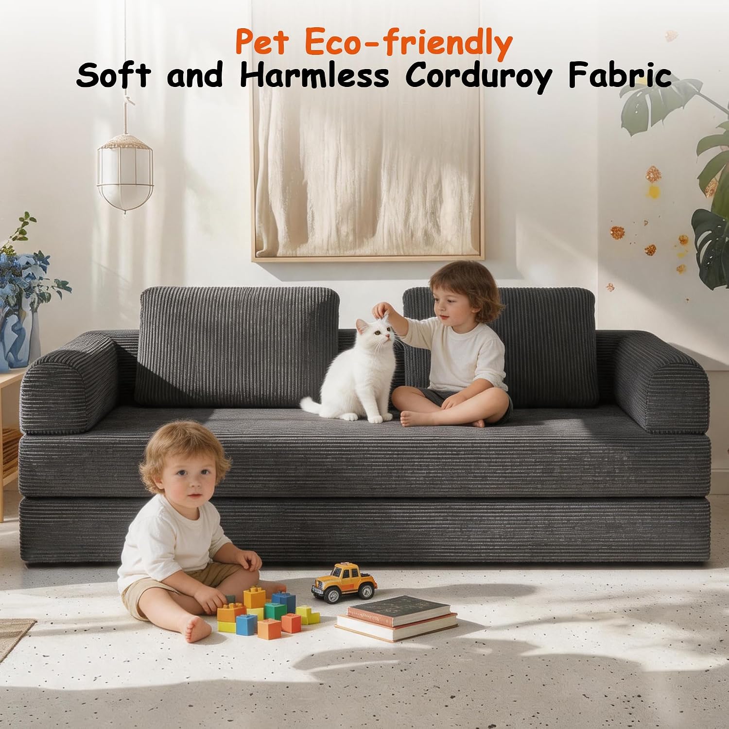 78' Convertible Sofa Bed, 5-in-1 Boneless Sleeper Sofa with with Fixed Frame & Pocket, Corduroy Pull Out Couch with 2 Pillows, Couch Bed for Living Room, Small Spaces, Bedroom, No Assembly