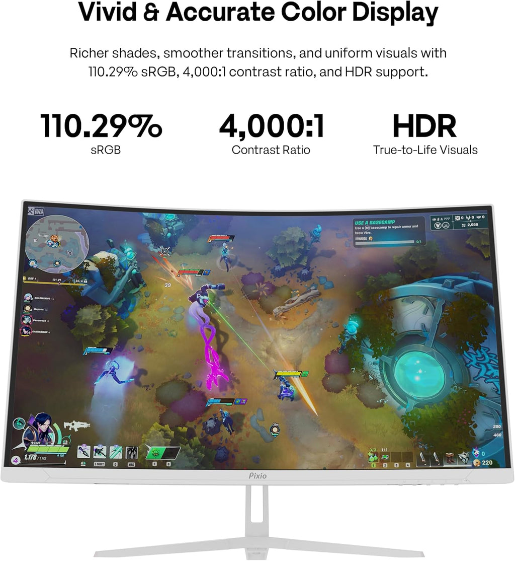 Pixio PXC279 Wave White 27 inch 300Hz Refresh Rate FHD 1080p Resolution 1650R Curved Fast VA Panel 1ms GTG Response Time Adaptive Sync HDR Curved Gaming Monitor