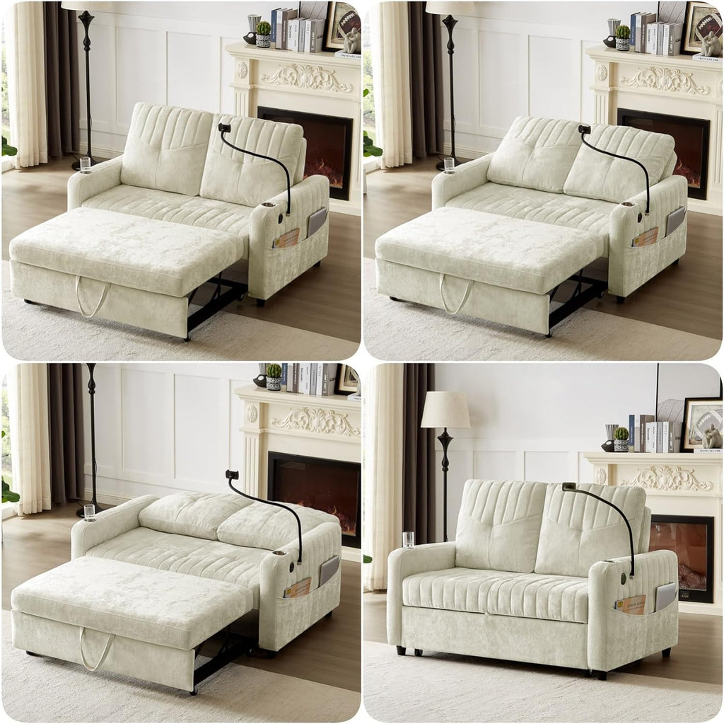 Merax Chenille 3-in-1 Pull Out Sleeper Sofa Bed Couch, 54' Convertible Futon Loveseat with Adjustable Backrest, 2 Cup Holders, Phone Stand, 3 Charging Ports and Storage Pockets for Living Room, Beige
