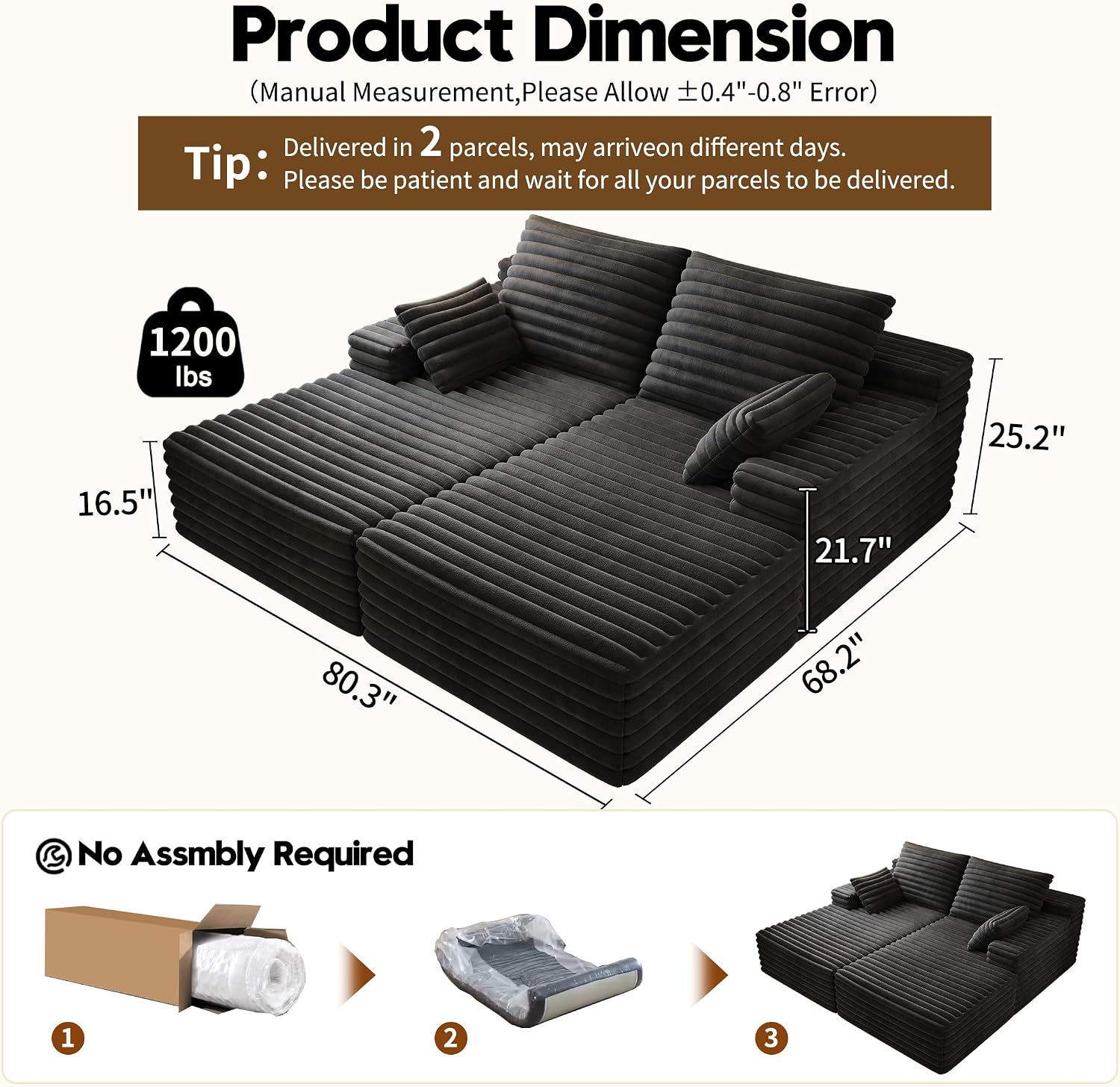 80' Oversized Double Lounge Chaise,Cloud Plush Sofa Bed,Upholstered Boneless Cloud Sofa Deep Seat,No Assembly Required,Modern Corduroy Sleeper Loveseat Chair for Living Room Bedroom Reading,Black