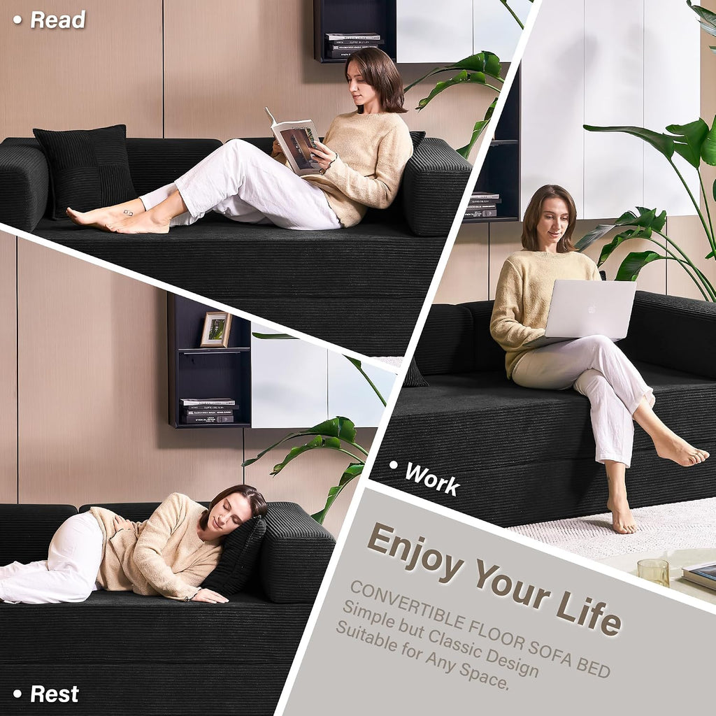 YINIX Foldable Sofa Bed, 78'' Folding Floor Couch, Compressed Convertable Sleeper Sofa, Memory Foam Couch with Pillow Back Support Armrest, 4-in-1 Futon Sofa Bed for Living Room, Black