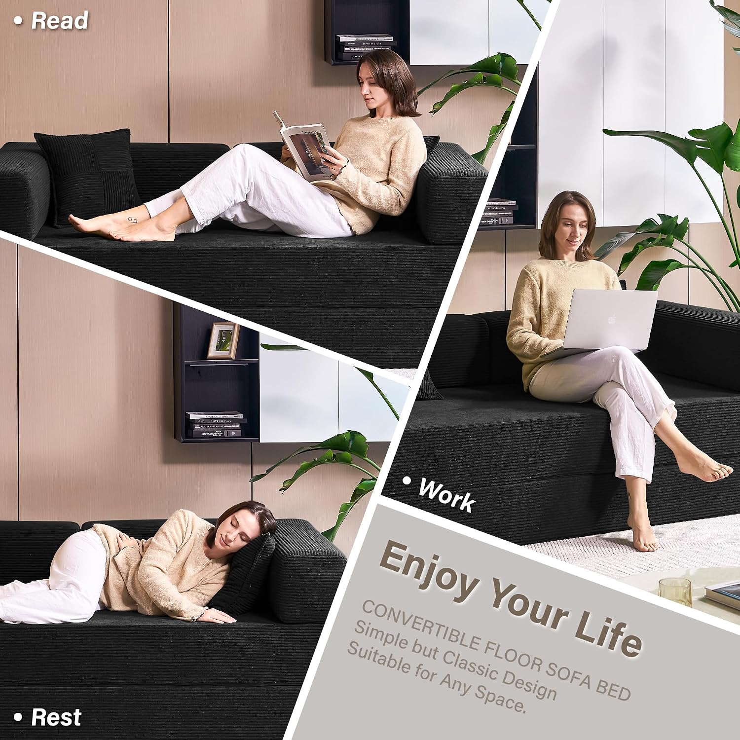 YINIX Foldable Sofa Bed, 78'' Folding Floor Couch, Compressed Convertable Sleeper Sofa, Memory Foam Couch with Pillow Back Support Armrest, 4-in-1 Futon Sofa Bed for Living Room, Black