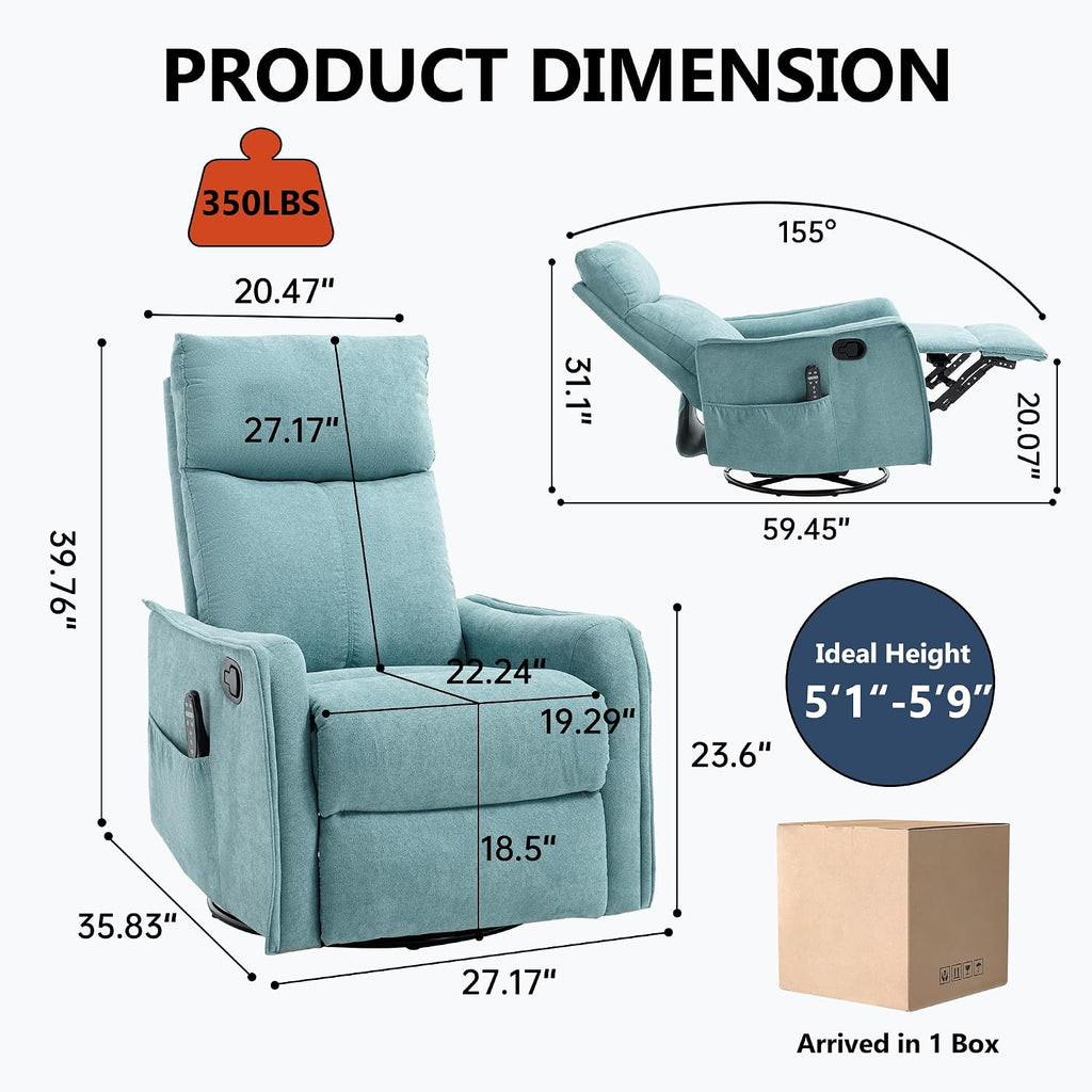 Massage Chair Recliner with Heat, 360° Swivel Glider Rocker with Reclining Backrest and Footrest, Manual Lazy Boy Recliners for Adults, Modern Nursery Rocking Chairs (Antique Blue Green)