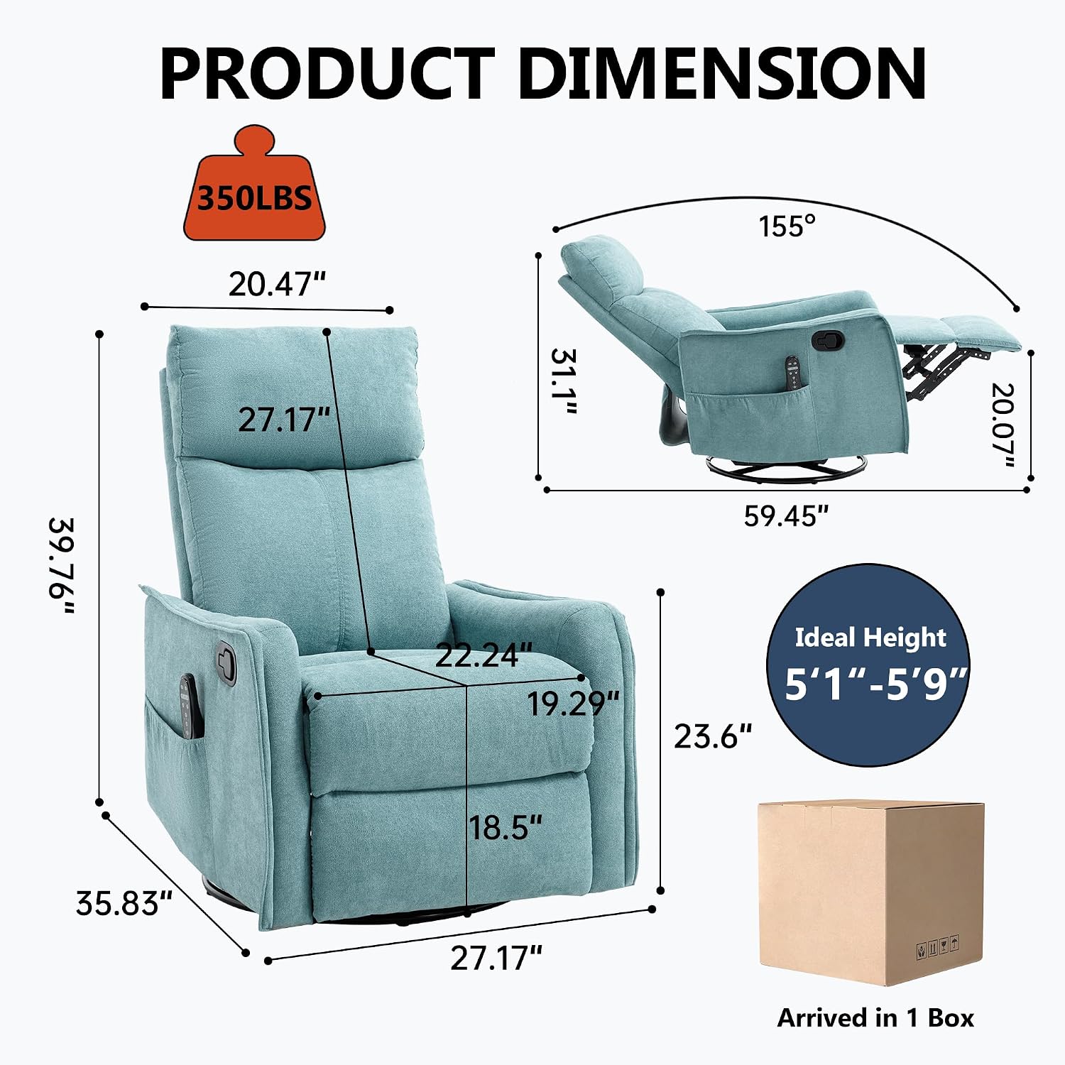 Massage Chair Recliner with Heat, 360° Swivel Glider Rocker with Reclining Backrest and Footrest, Manual Lazy Boy Recliners for Adults, Modern Nursery Rocking Chairs (Antique Blue Green)