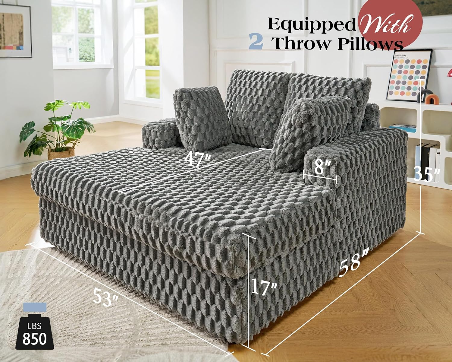 VanAcc 58-Inch Plush Sleeper Chair with Throw Pillows, Upholstered Chaise Lounge & Sofa Bed with Armrests for Living Room, Ash Grey